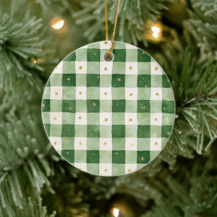 Ornamento De Cerâmica Natal Estrelas Douradas Xadrez Creme Verde