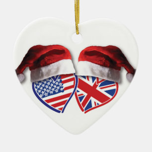 Ornamento De Cerâmica Natal EUA e corações BRITÂNICOS da bandeira com