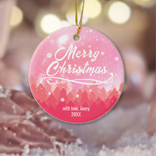 Ornamento De Cerâmica Natal feliz com neve rosa e floresta com dois lado
