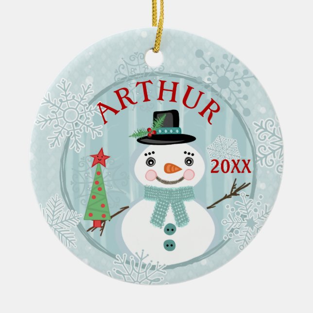 Ornamento De Cerâmica Natal Feliz Férias Snowmen Personalizado (Frente)