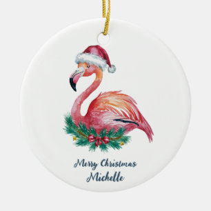 Ornamento De Cerâmica Natal Feliz Flamingo Rosa Personalizado
