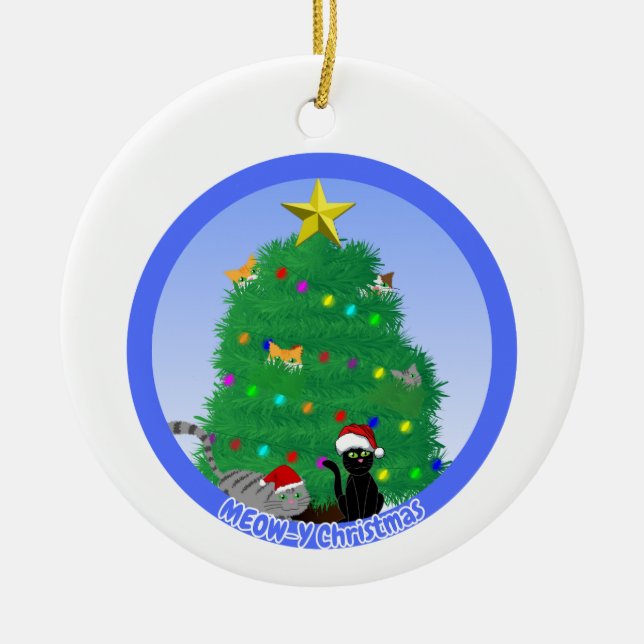 Ornamento De Cerâmica Natal Feliz Meow (Frente)