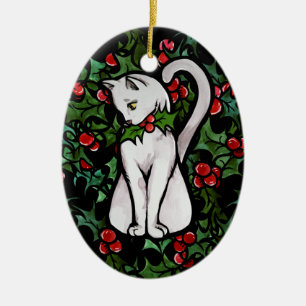 Ornamento De Cerâmica Natal Feriado - Holly White Cat