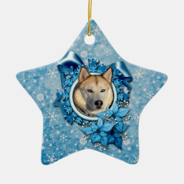 Ornamento De Cerâmica Natal - flocos de neve azuis - rouco Siberian (Frente)