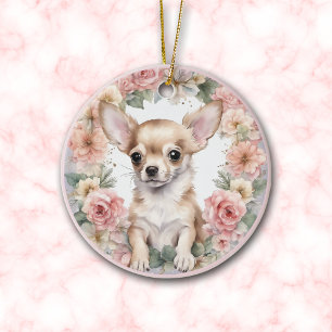 Ornamento De Cerâmica Natal Floral Adorável Chihuahua Puppy Rosa