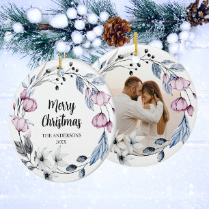 Ornamento De Cerâmica Natal Floral Elegante com Foto Personalizada
