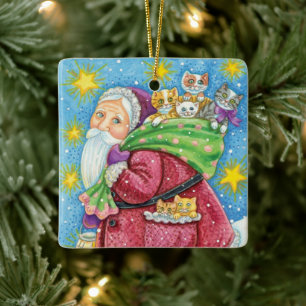 Ornamento De Cerâmica Natal fofo, Papai Noel com Gatinhos e Gatos!