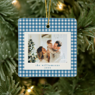 Ornamento De Cerâmica Natal Foto Personalizada Xadrez Ginga Azul Fofo
