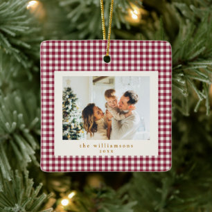 Ornamento De Cerâmica Natal Foto Personalizada Xadrez Vermelho Cranberry