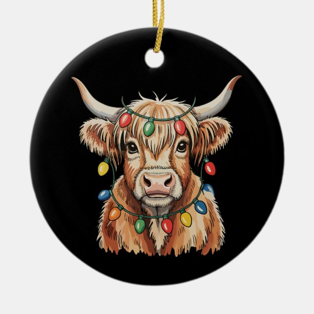 Ornamento De Cerâmica Natal Highland Cow Xmas Lights Fazenda Feriado (Frente)