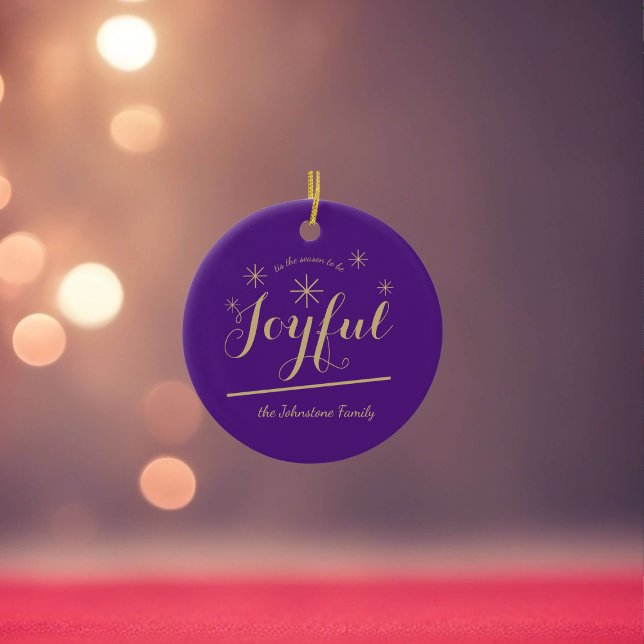 Ornamento De Cerâmica Natal Joyful Script Family Name Modern Chic (Mark this holiday season with this Beautiful and Joyful purple & gold  ceramic ornament.)