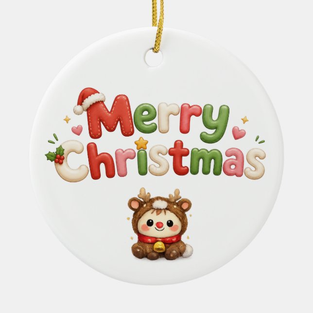 Ornamento De Cerâmica Natal Kawaii Feliz (Frente)