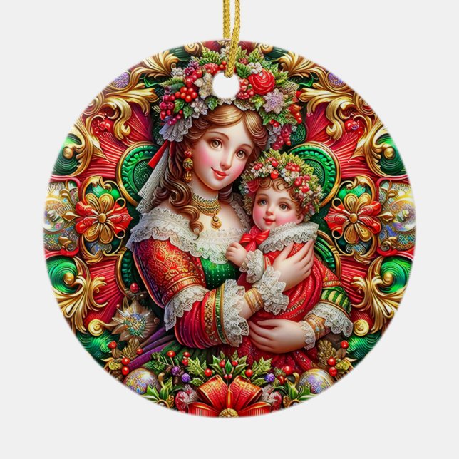 Ornamento De Cerâmica NATAL ~ Mãe e Filho do século XIX ~ (Frente)