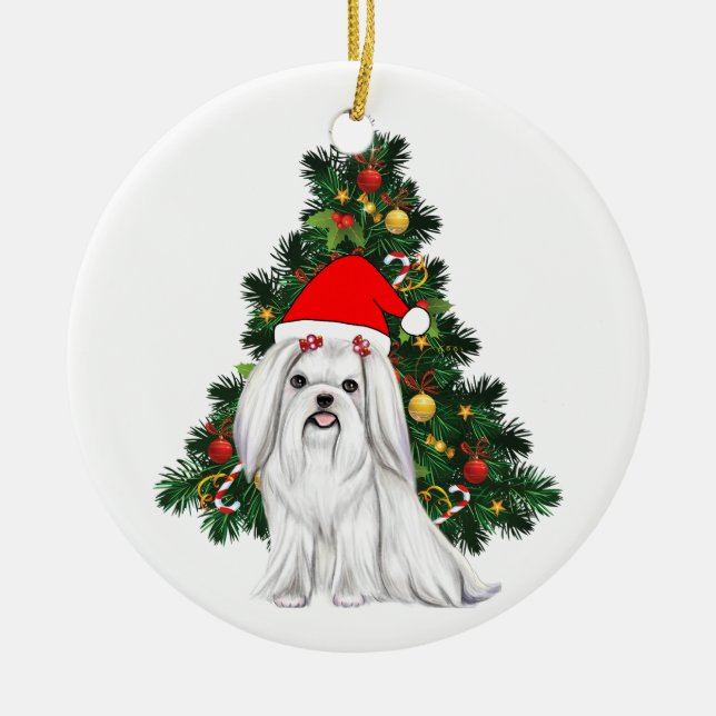 Ornamento De Cerâmica Natal Maltês, Xmas Maltês Cachorro com chapéu de P (Frente)