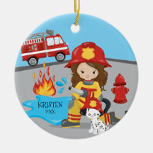 Natal Menina Cabelo Castanho Bombeiro Única