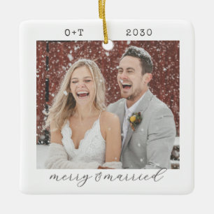 Ornamento De Cerâmica Natal Minimalista Feliz e Casado 2 Fotos