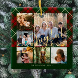 Ornamento De Cerâmica Natal moderno e alegre colagem de fotos da família<br><div class="desc">Elegante xadrez tartan faux gold guyful script seis fotos da família e nome do tradicional ornamento de árvore verde-vermelha.</div>