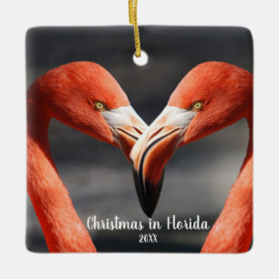 Ornamento De Cerâmica Natal na Flamingo Love Ornament