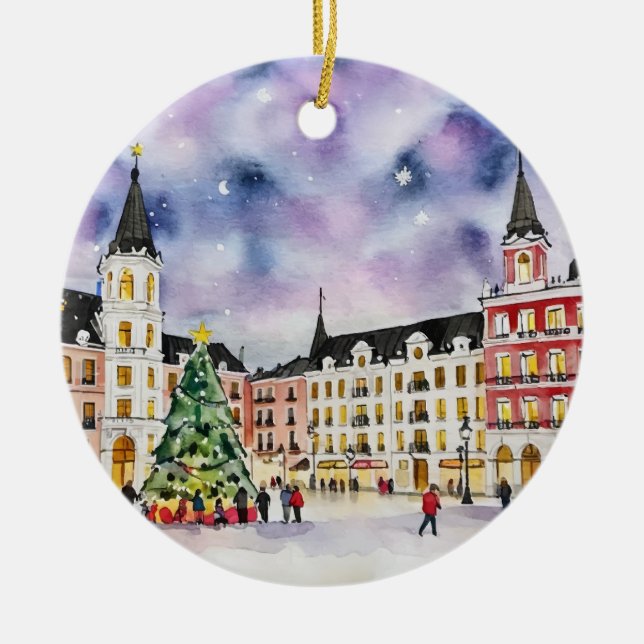 Ornamento De Cerâmica Natal na Madri Espanha Watercolor (Frente)