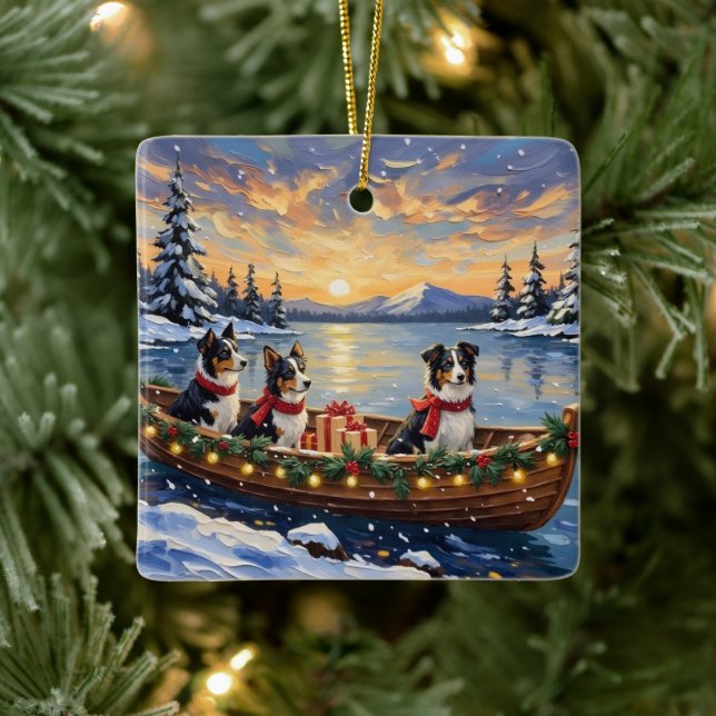 Ornamento De Cerâmica Natal no barco com Border Collie (Árvore)