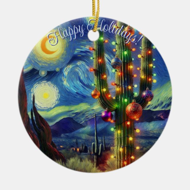 Ornamento De Cerâmica Natal no Desert Saguaro Cactus Blue Green (Frente)