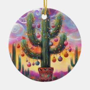 Ornamento De Cerâmica Natal no Deserto Sudoeste Saguaro Cactus