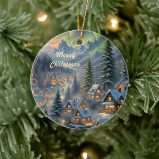 Ornamento De Cerâmica Natal numa aldeia montanhosa, luzes polares