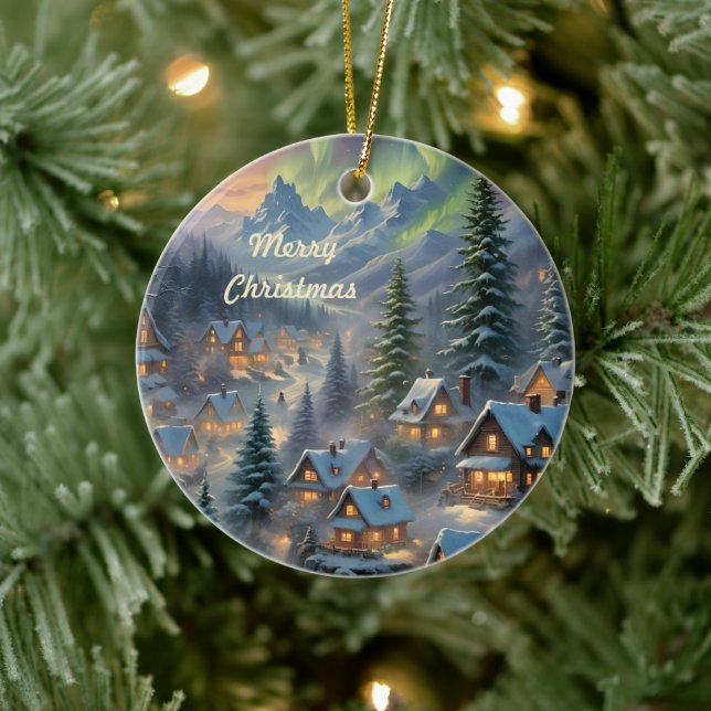 Ornamento De Cerâmica Natal numa aldeia montanhosa, luzes polares (Árvore)