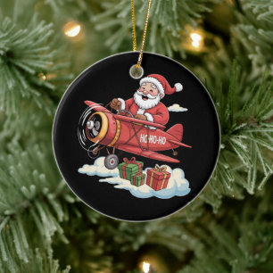 Ornamento De Cerâmica Natal Papai Noel Piloto Voando Avião Presente