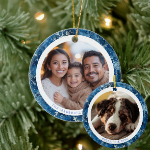 Ornamento De Cerâmica Natal para a Família de Flocos de Neve Azul Modern