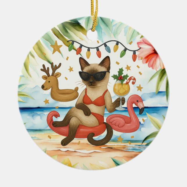 Ornamento De Cerâmica Natal para amantes de gatos siameses em julho (Frente)
