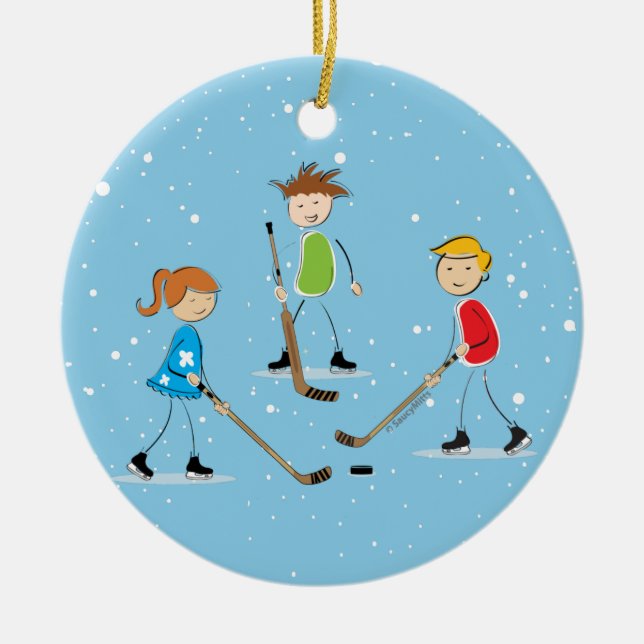 Ornamento De Cerâmica Natal para o Kids Pond Hockey (Frente)