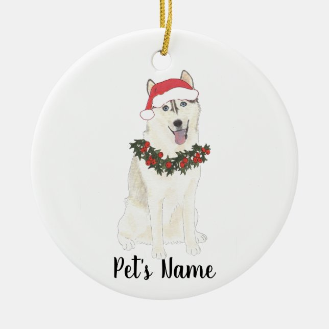 Ornamento De Cerâmica Natal Personalizado com Husky (Frente)