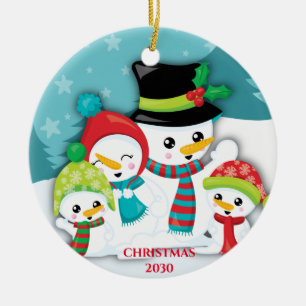 Ornamento De Cerâmica Natal Personalizado da Família Blue Snowman