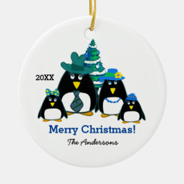 Ornamento De Cerâmica Natal Personalizado da Família Penguin Engraçado