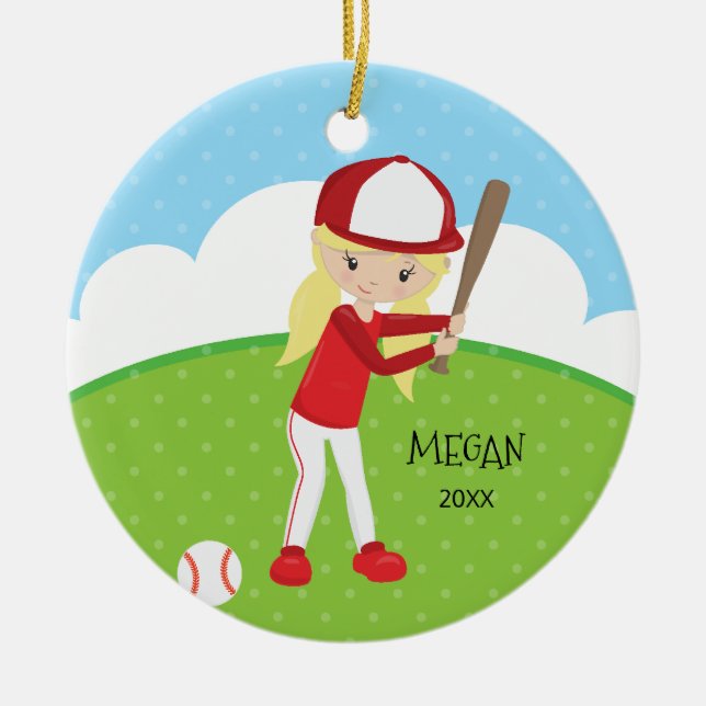 Ornamento De Cerâmica Natal personalizado da menina basebol louro bonito (Frente)