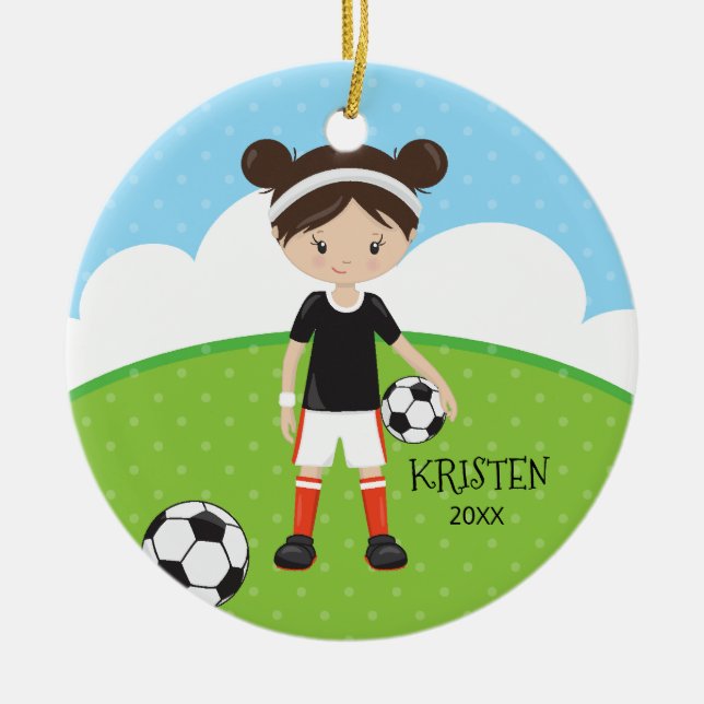 Ornamento De Cerâmica Natal personalizado da menina futebol triguenho (Frente)