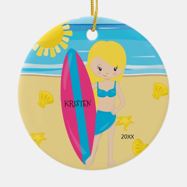Ornamento De Cerâmica Natal personalizado de BlondeSurfer menina bonito (Frente)
