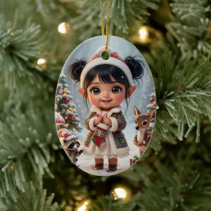 Ornamento De Cerâmica Natal Personalizado de Menina Chibi Floresta Encan
