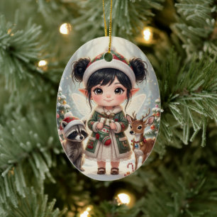 Ornamento De Cerâmica Natal Personalizado de Menina Chibi Floresta Encan