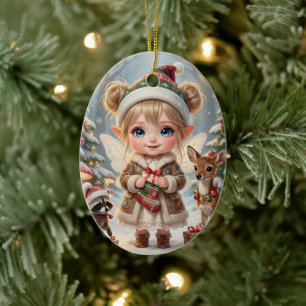 Ornamento De Cerâmica Natal Personalizado de Menina Chibi Florestal Fofo