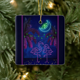 Ornamento De Cerâmica Natal personalizado de Neon Flamingo Casal Praia