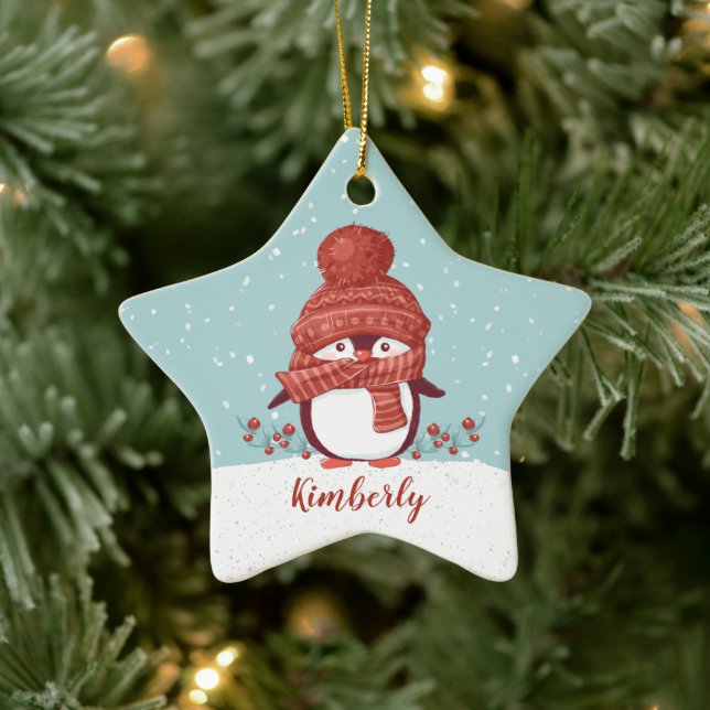 Ornamento De Cerâmica Natal Personalizado de Pinguim (Árvore)