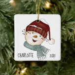 Ornamento De Cerâmica Natal Personalizado De Snowman<br><div class="desc">Whimsical Snowman Custom Photo Christmas Cerâmica Ornament - Adorável boneco de neve caprichoso é todo decolado no seu melhor inverno. O mais importante é que a sua fotografia adorável aparece na parte de trás do ornamento. Você pode personalizar facilmente nosso modelo de alta qualidade para torná-lo seu usando nossa ferramenta...</div>
