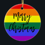 Ornamento De Cerâmica Natal Personalizado do Arco-Íris Orgulho gay LGBT<br><div class="desc">Um belo design Enfeites de natal com as cores personalizadas da bandeira do arco-íris de fotos do orgulho gay LGBT. Mostre seu amor com este belo Enfeites de natal gay. Personalize com sua foto,  nomes e data.</div>