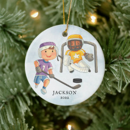 Ornamento De Cerâmica Natal Personalizado do Menino de Hóquei