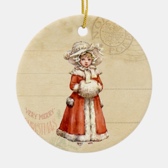 Ornamento De Cerâmica Natal Personalizado do Pequeno Caroler Vitoriano (Frente)