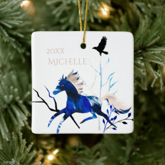 Ornamento De Cerâmica Natal personalizado do Pôneo de inverno e do Caval