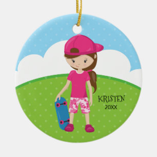 Ornamento De Cerâmica Natal personalizado do skate menina triguenha