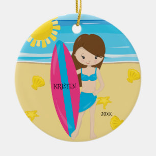 Ornamento De Cerâmica Natal personalizado do surfista menina triguenha